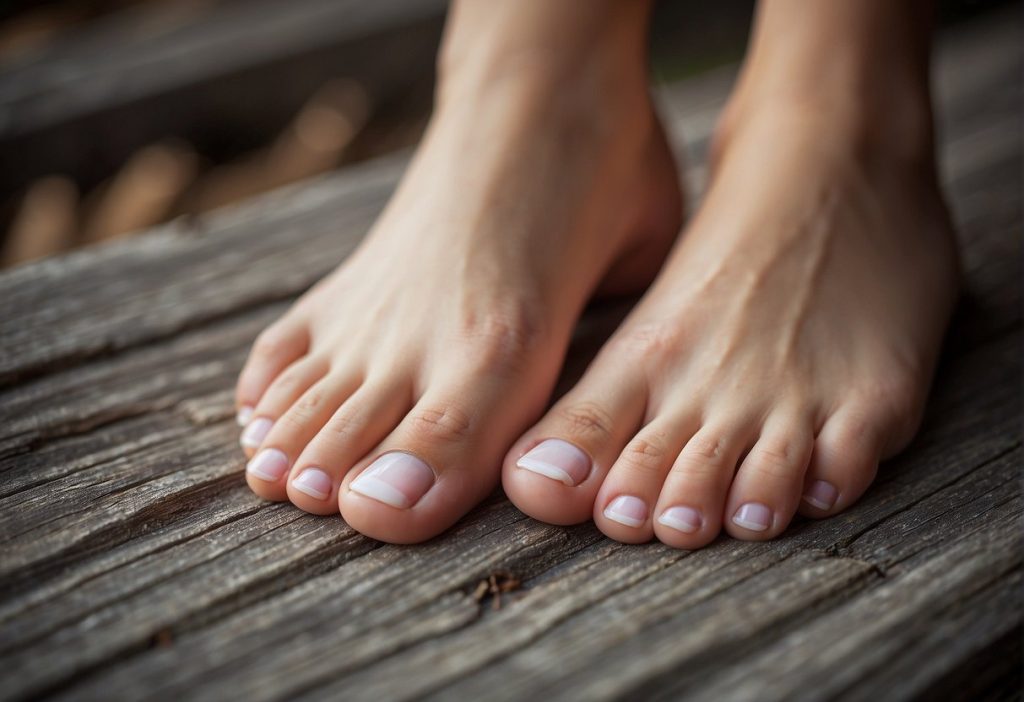 A woman's toes on a wooden deck, invoking fascination.