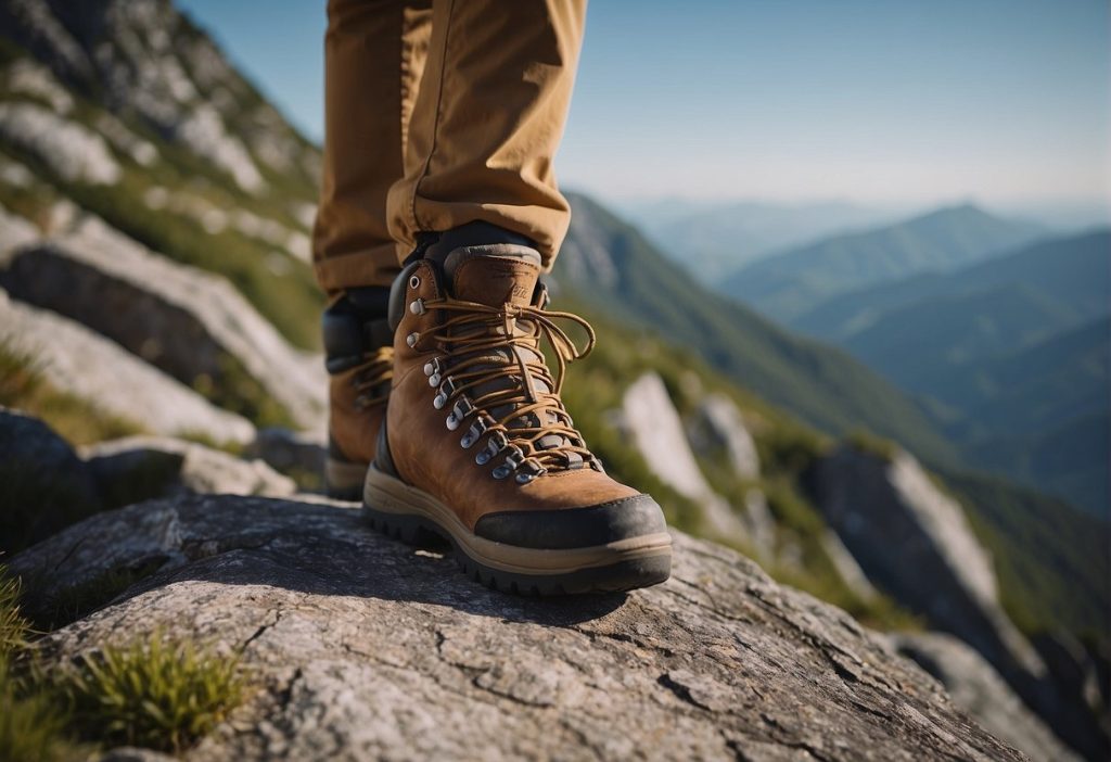 A man wearing hiking boots standing on top of a mountain, showcasing the recent triumph with Feetfinder.