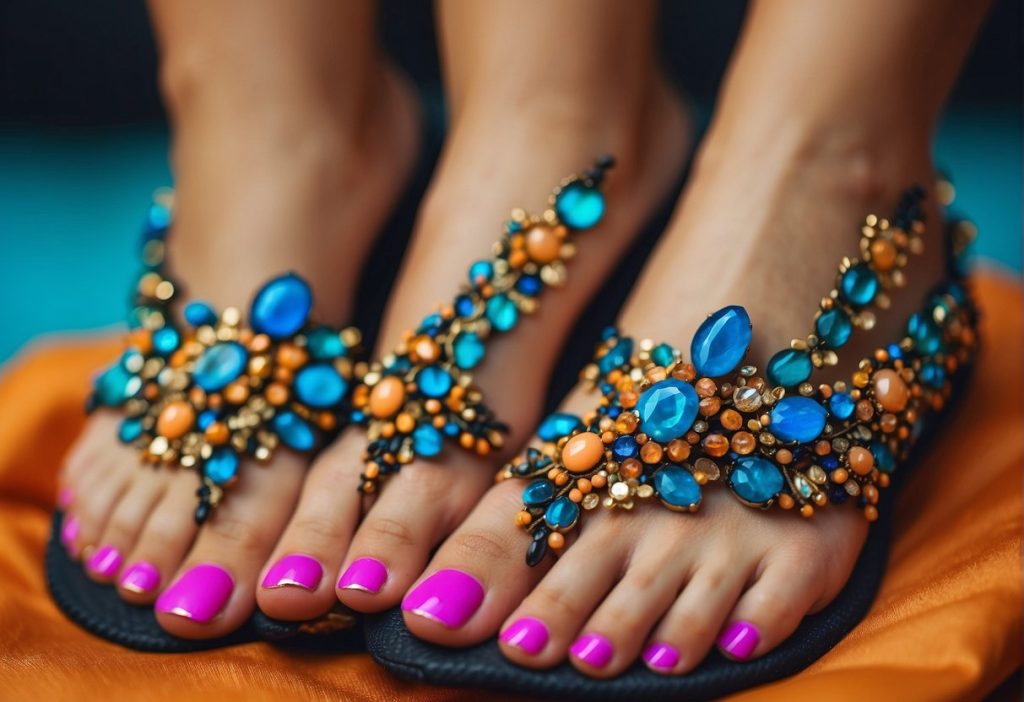A woman's feet adorned with colorful rhinestones on her sandals, showcasing Pretty Feet Essentials.