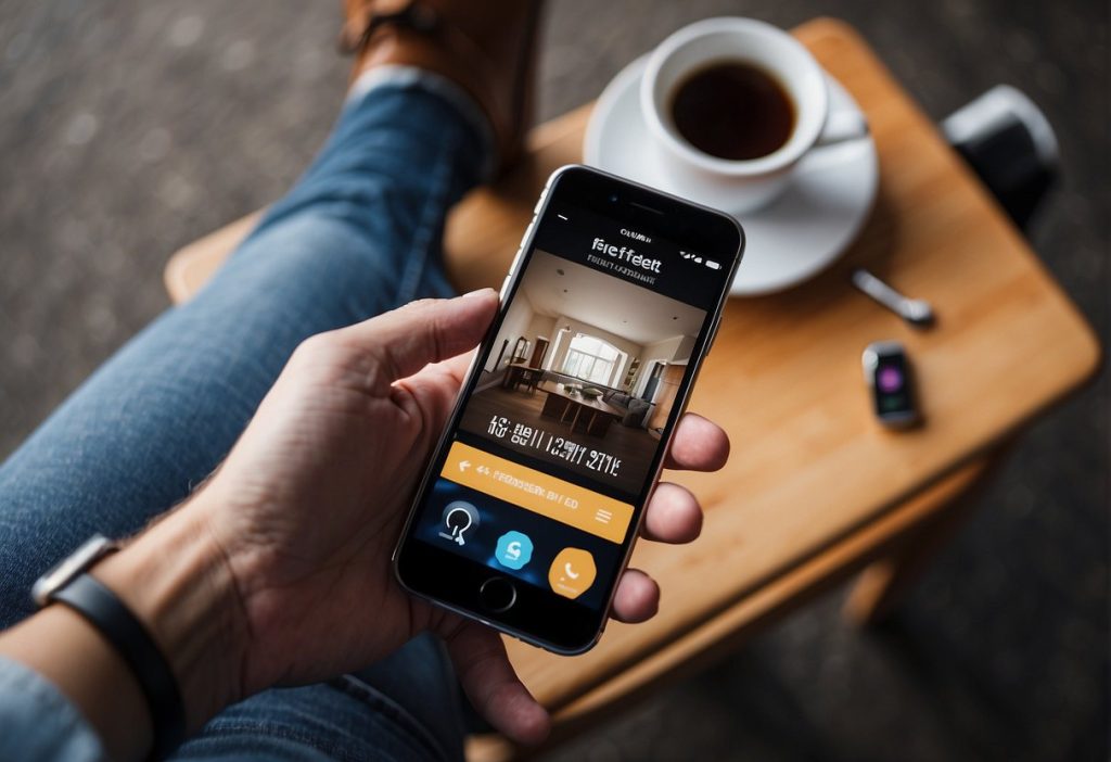 A person holding a smart phone with a home app on it that allows for effortless control and management of household devices.