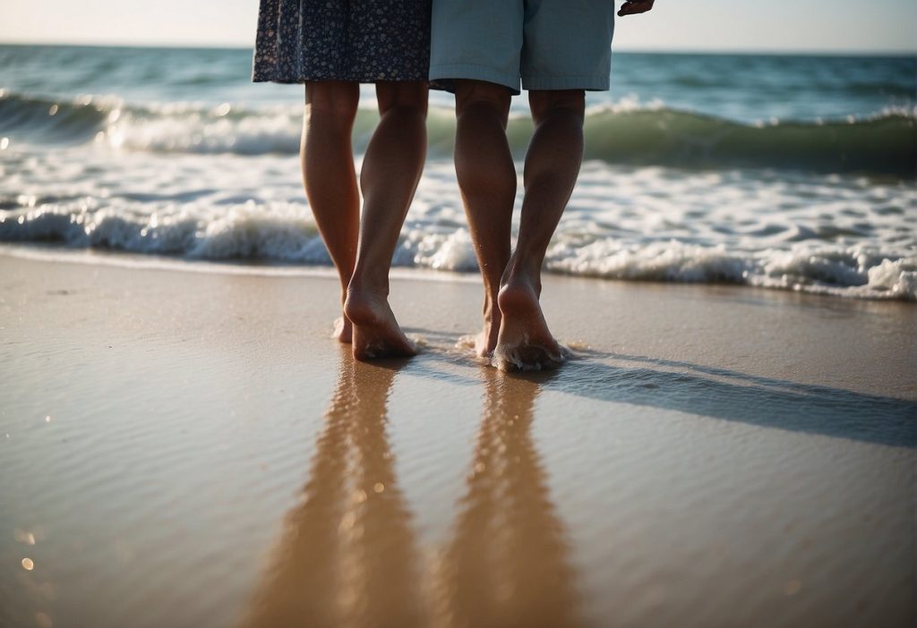 A close up of Margot Robbie's feet on a beach.