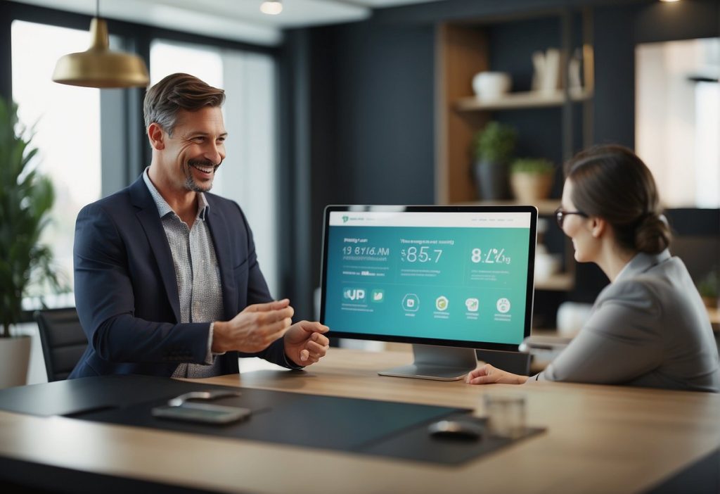 Two business people sitting at a desk and looking at a computer screen while navigating the refund policy.