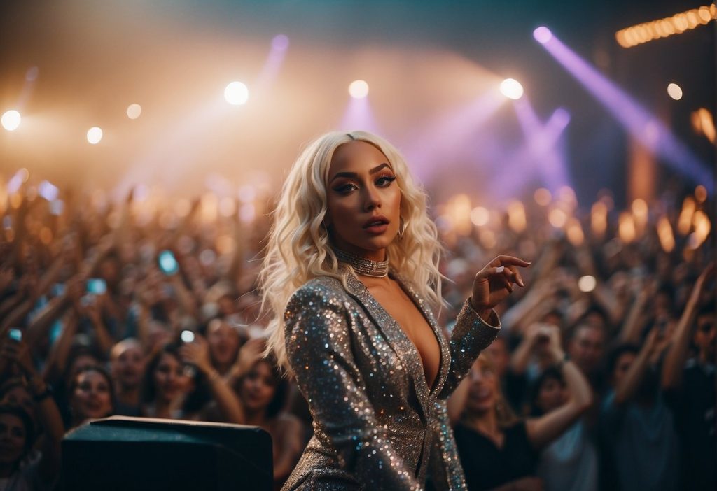 A woman in a silver dress standing in front of a crowd, looking glamorous like Doja Cat.