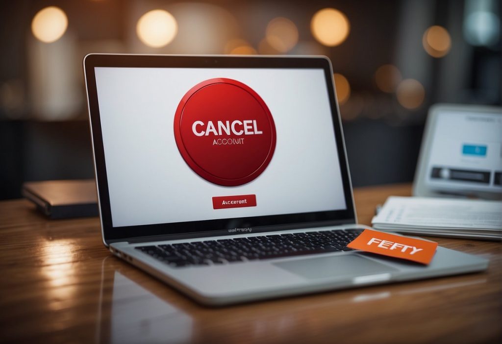 A laptop with a cancel button on it, allowing for the deactivation of a Feetify Account, is placed on a table.