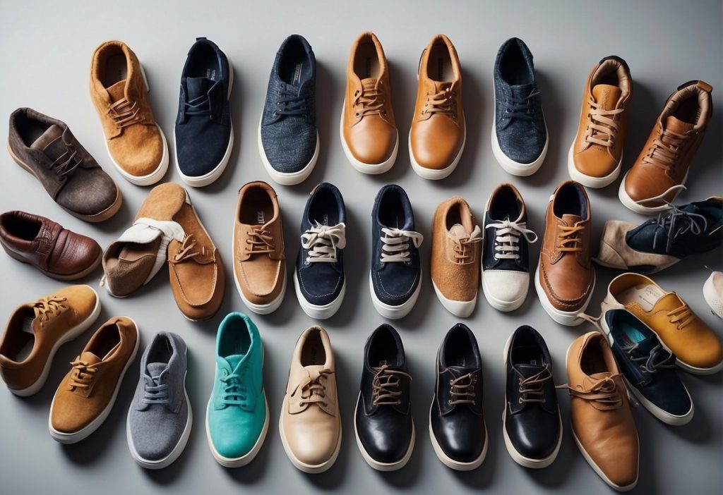 A group of men's shoes are arranged on a gray background, reflecting the fascination towards footwear.