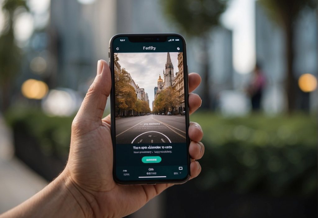 A person holding up an iphone with a picture of a city on it to capture and share their experience on this unique social platform - Feetify Review.