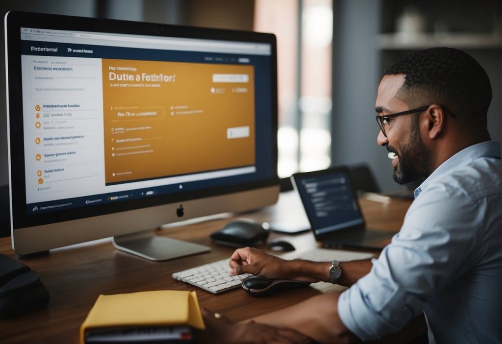 The man sitting at a desk is diligently examining a computer screen, possibly dealing with Returns or checking the Refund Policy.