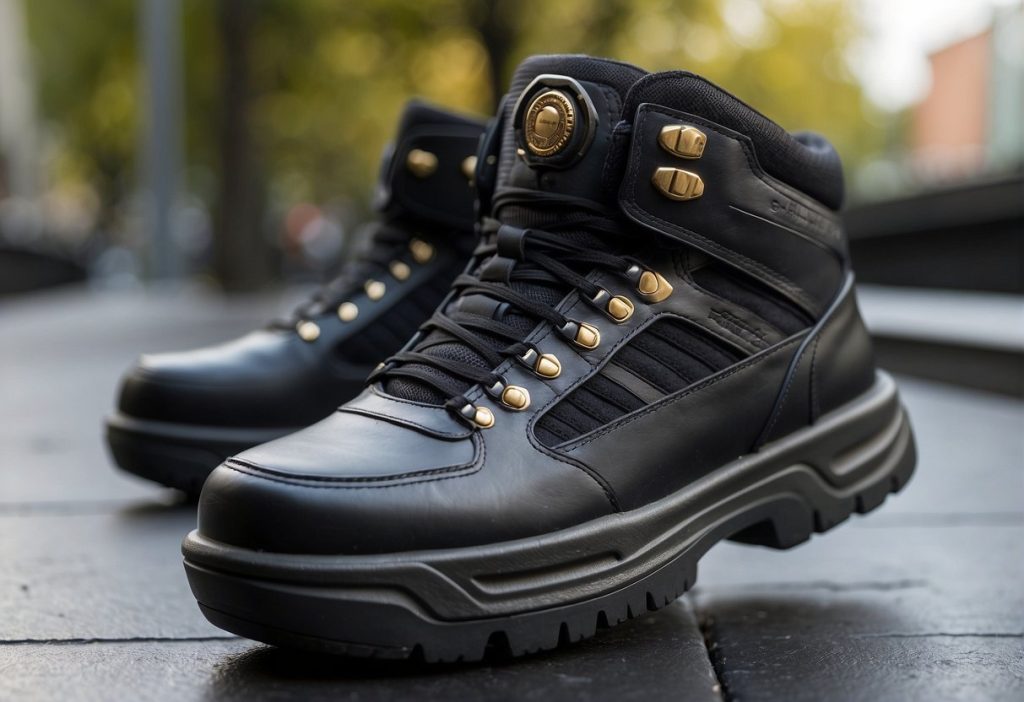 A pair of black and gold boots is displayed on the sidewalk, causing a service disruption for Feetfinder.