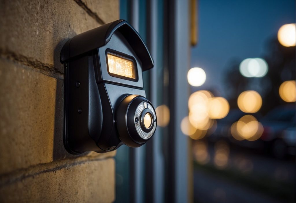A motion sensor on the side of a building at night, capturing unique footage for Feetify Review.
