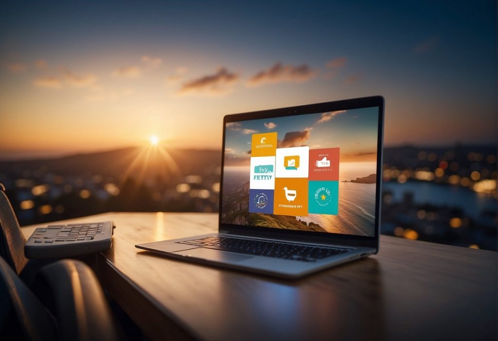 A laptop with windows on it sitting on a table at sunset, providing an honest look at the captivating scenery.