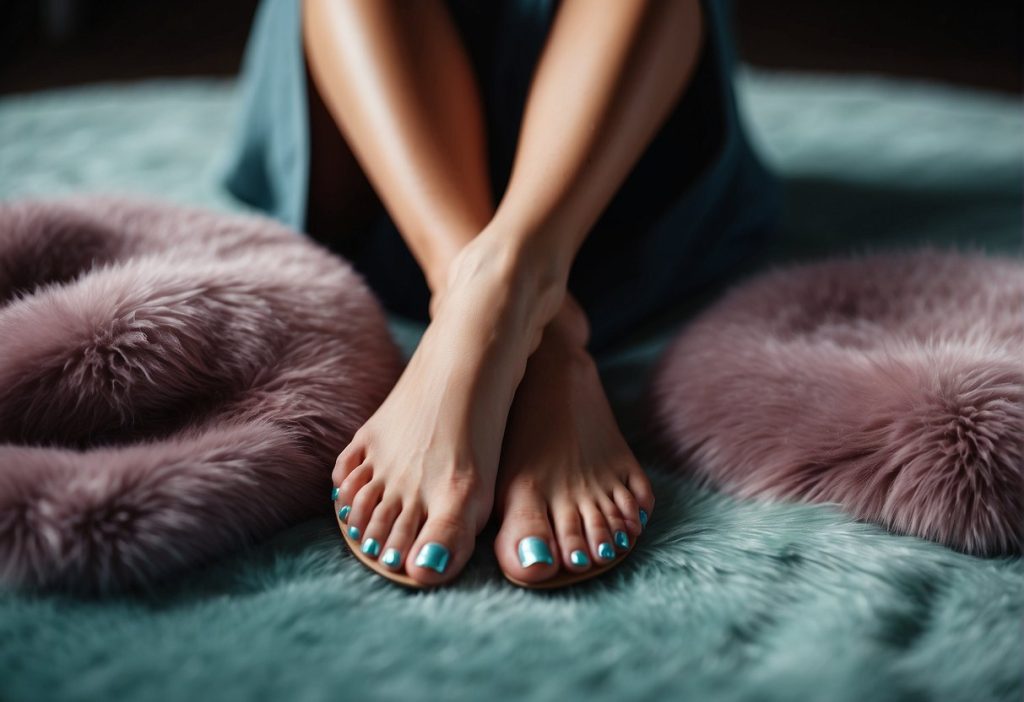 A woman's feet with blue nail polish on a fluffy rug, sparking Online Curiosity.