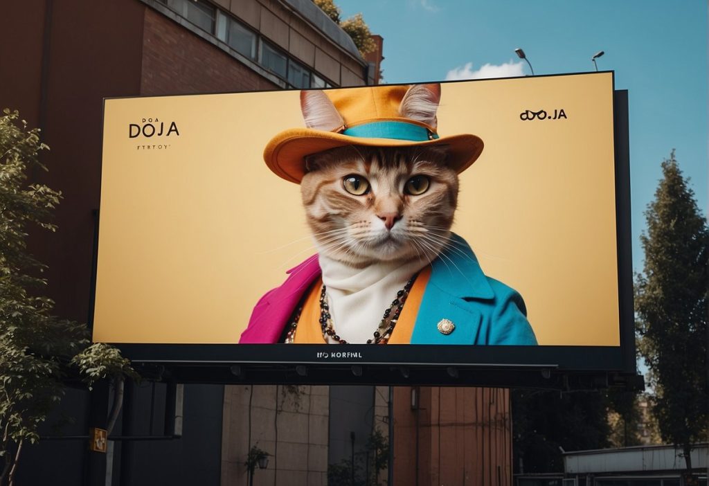 A billboard featuring a cat wearing a stylish hat.