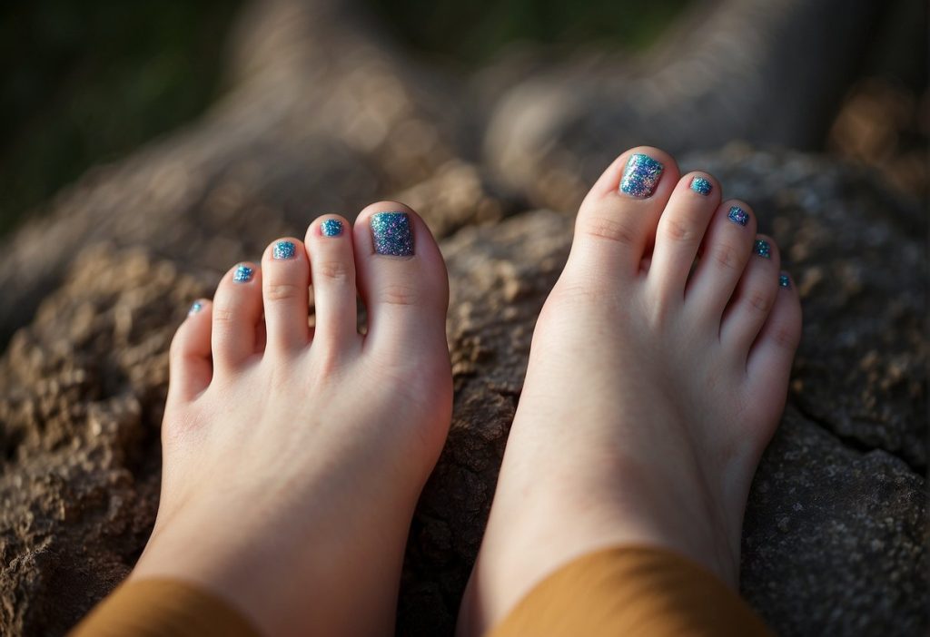 Fascination with toe pics featuring a woman's feet adorned with blue nail polish.
