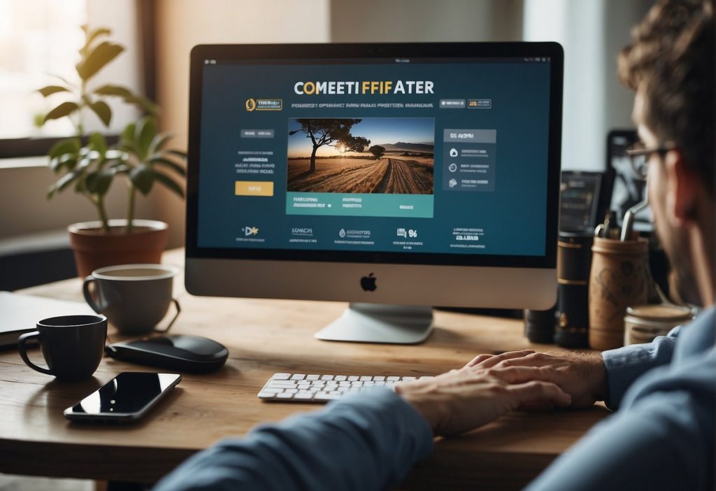 A man sitting at a desk with a computer, maximizing his earnings through the FeetFinder Affiliate Program.
