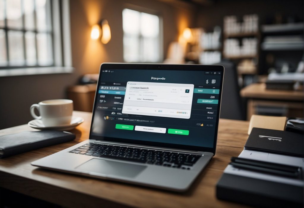 A laptop is sitting on a desk next to a cup of coffee, providing a unique workspace for productivity.