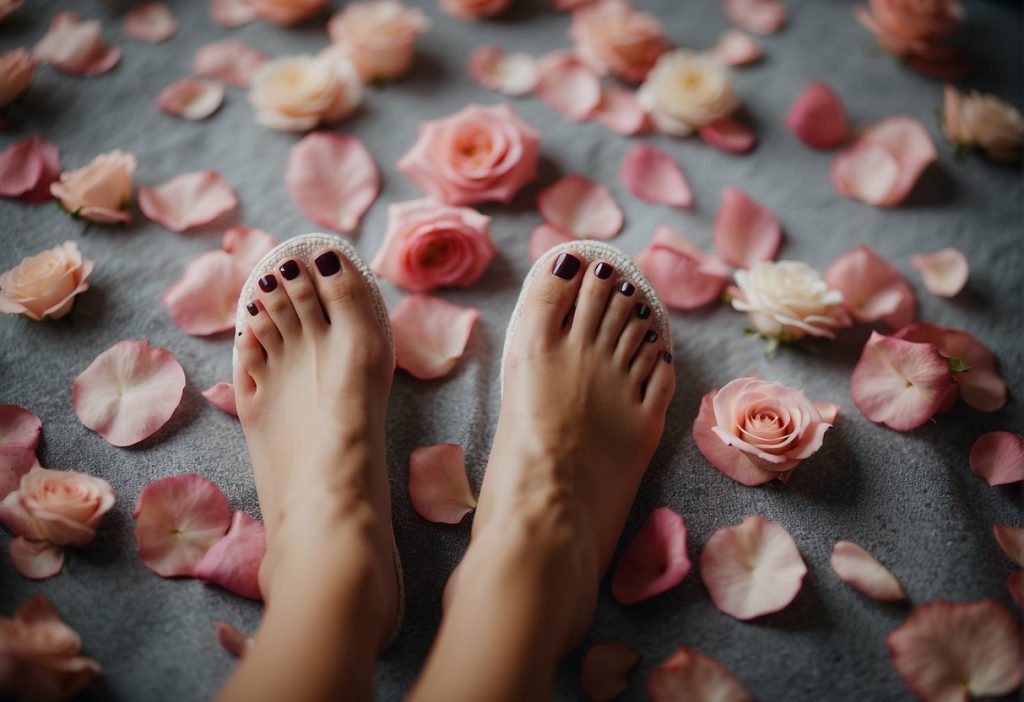 A person's feet with pink pedicure on the floor with flowers, perfect for SSSniperwolf fans.