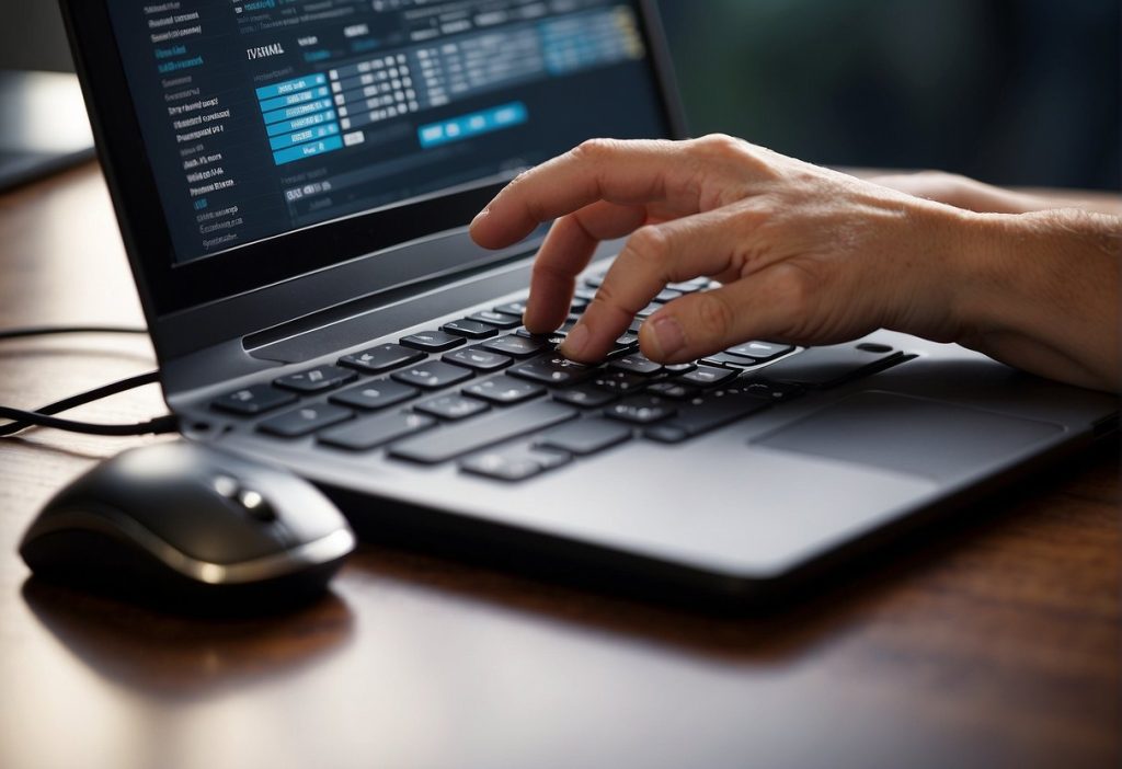 A person typing on a laptop computer, possibly contemplating deactivation or cancellation of their Feetify account.