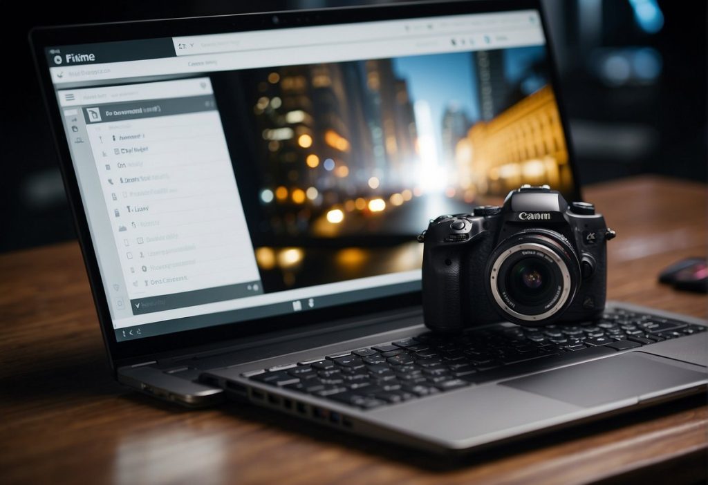 A laptop with a camera on it on a wooden table, used for Monetization.