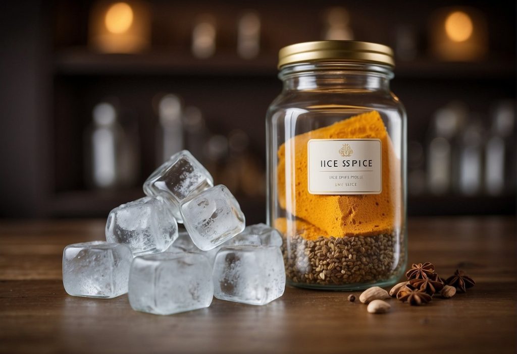 A jar with ice cubes and spices on a table.