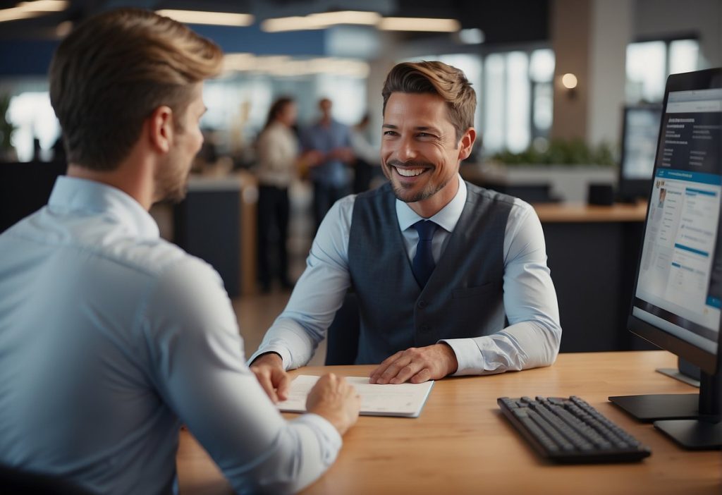 Two businessmen discussing customer service excellence and hassle-free support at a desk in an office.