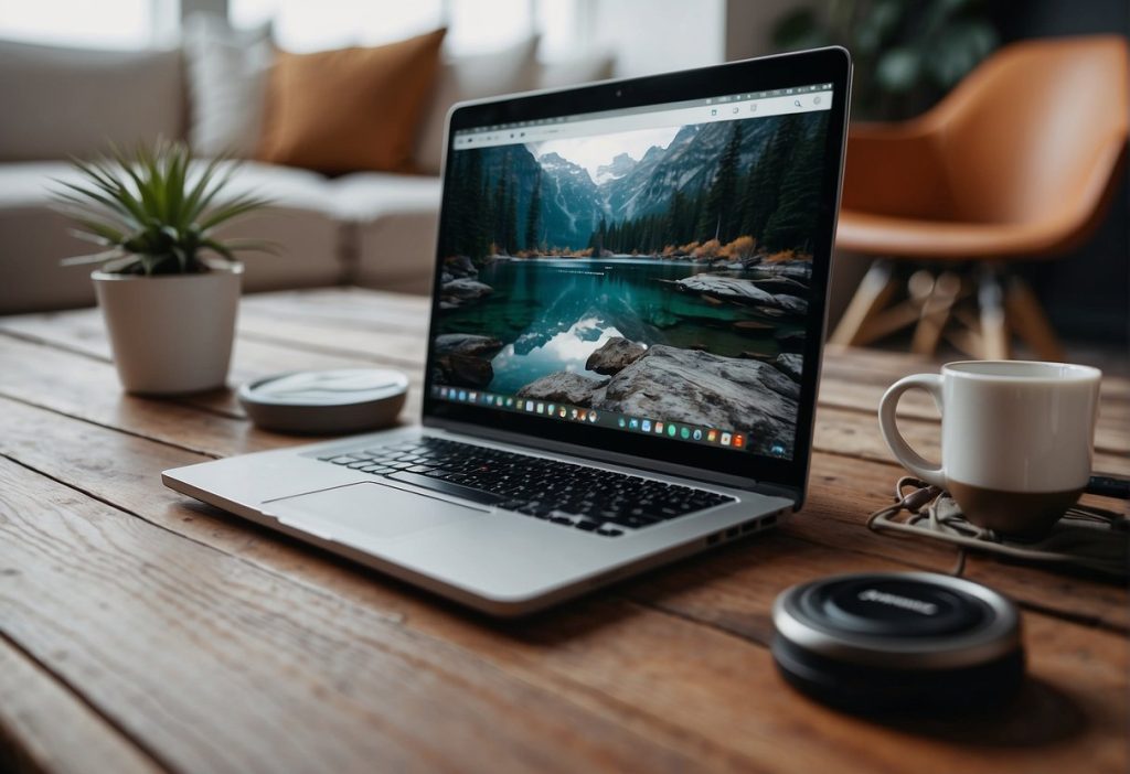 A laptop on a wooden table with a cup of coffee.