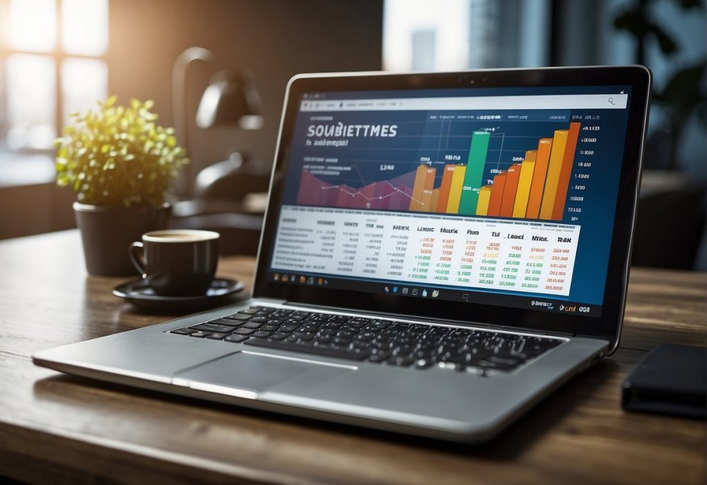 A laptop displaying a graph on its screen, placed on a sleek wooden table.
