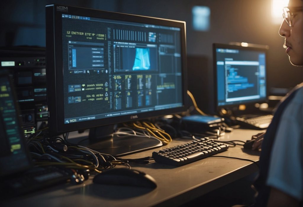 A man sitting at a desk monitoring several screens displaying data, unaffected by the recent service disruption.