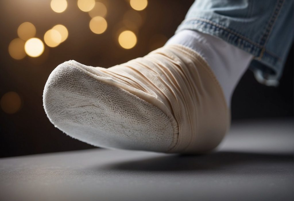 A person's foot with a bandage on it, showcasing understanding for the importance of toe care.