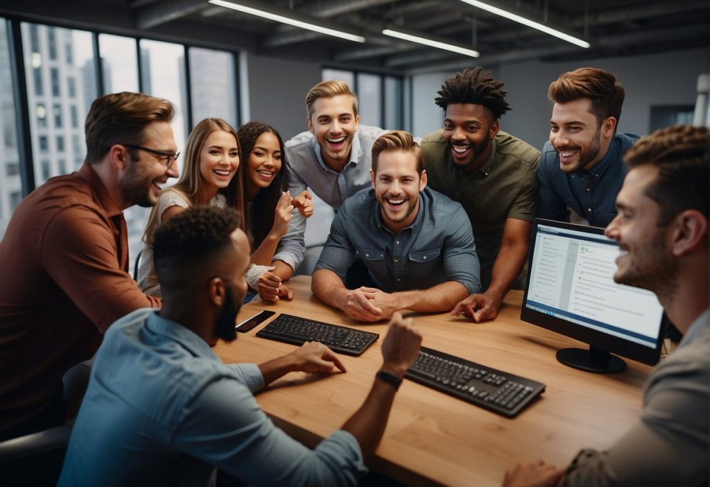 A group of people laughing around a table in an office while participating in the FeetFinder Affiliate Program and discussing ways to maximize their earnings through referrals.
