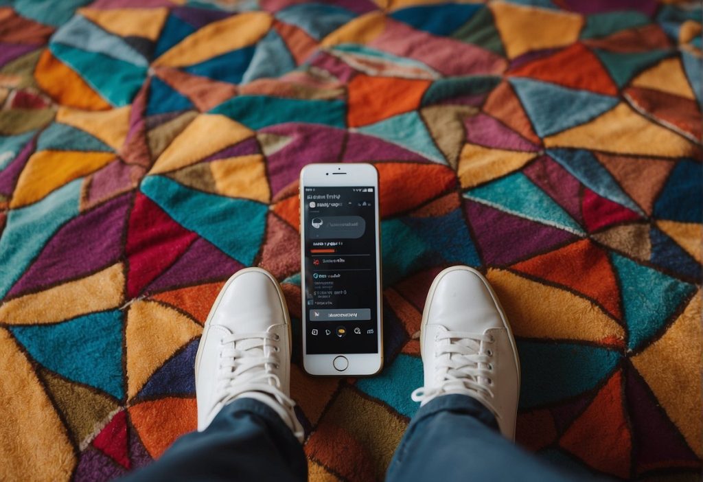 A person's feet on a colorful rug with an iPhone, showcasing a unique social platform for Feetify Review.