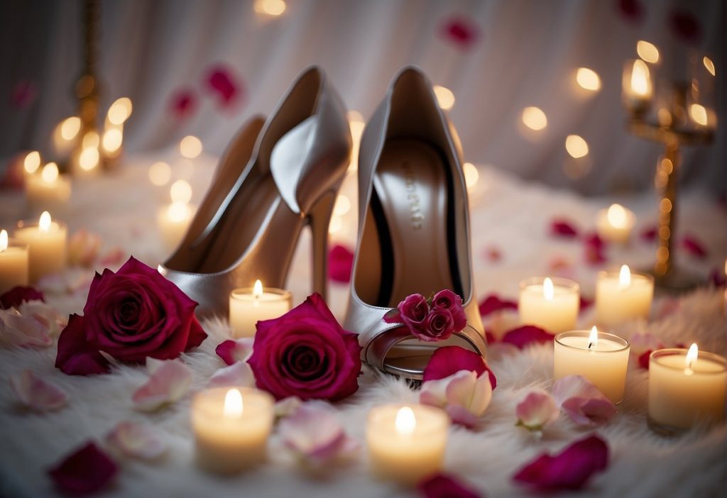 A pair of high heeled shoes adorned with roses, perfect for Celebrity Foot Fashion enthusiasts.