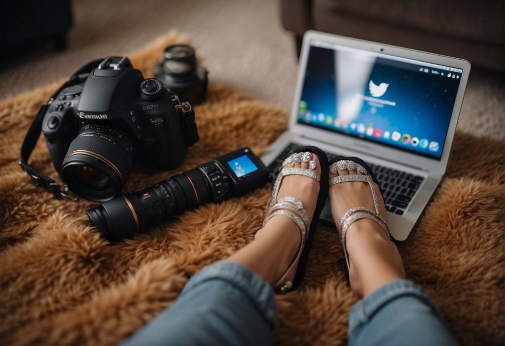 A woman's feet next to a laptop, sparking controversy.
