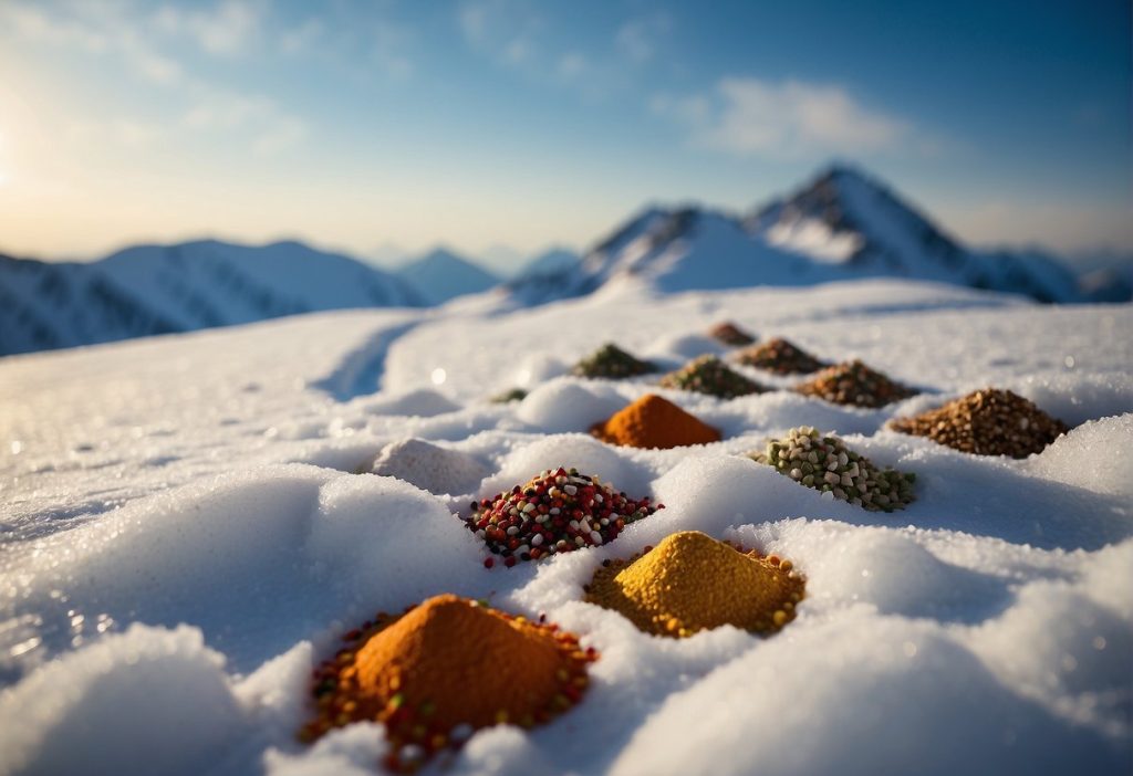 Spices in the snow on the mountain top.