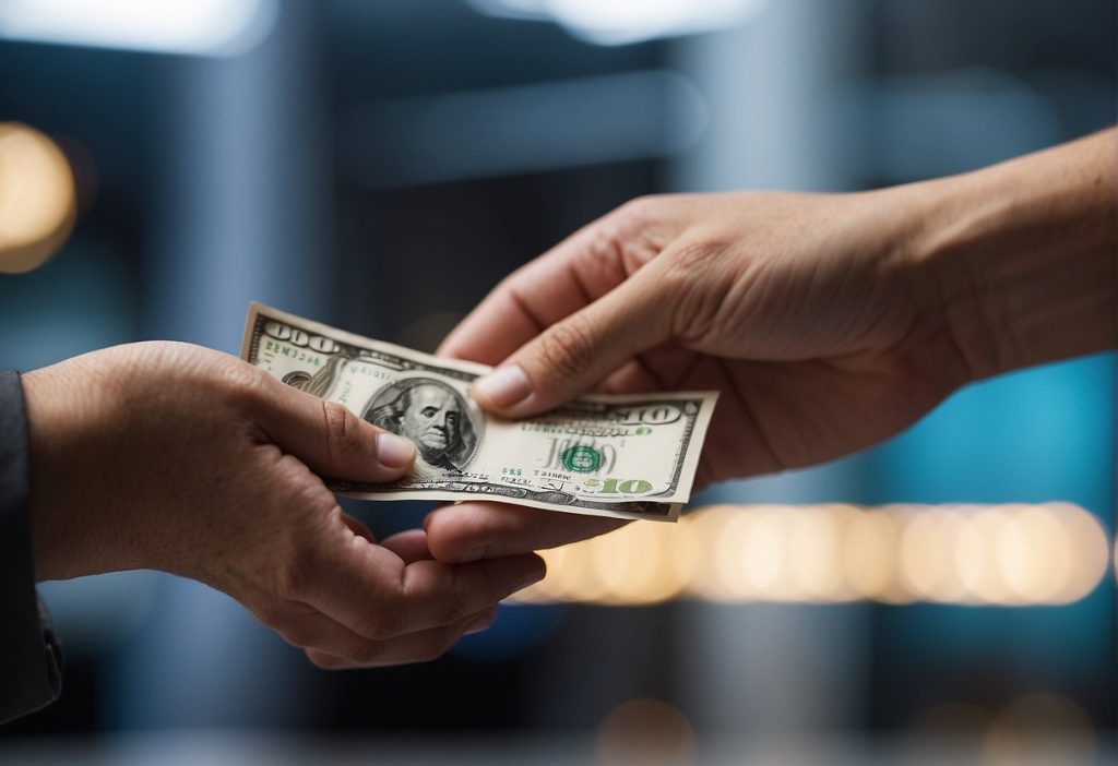 A hand holding a dollar bill, providing hassle-free support and exemplifying customer service excellence for Feetify.