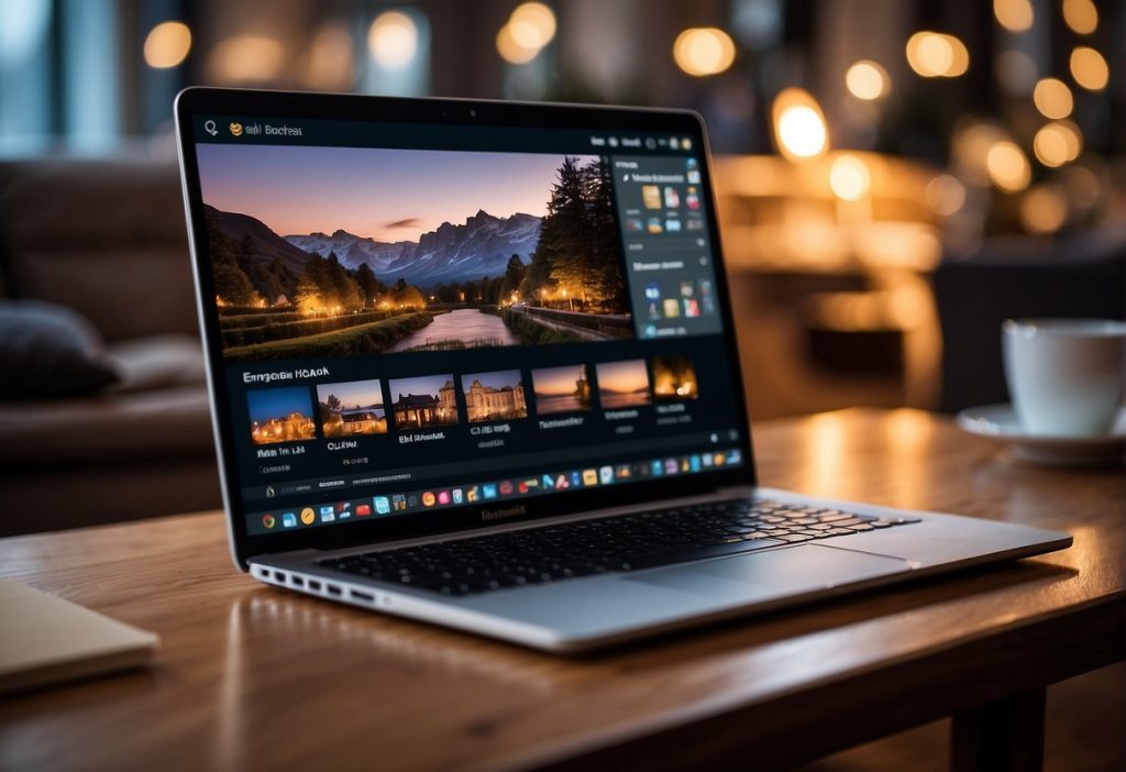 A profitable picture of a laptop sitting on a wooden table.