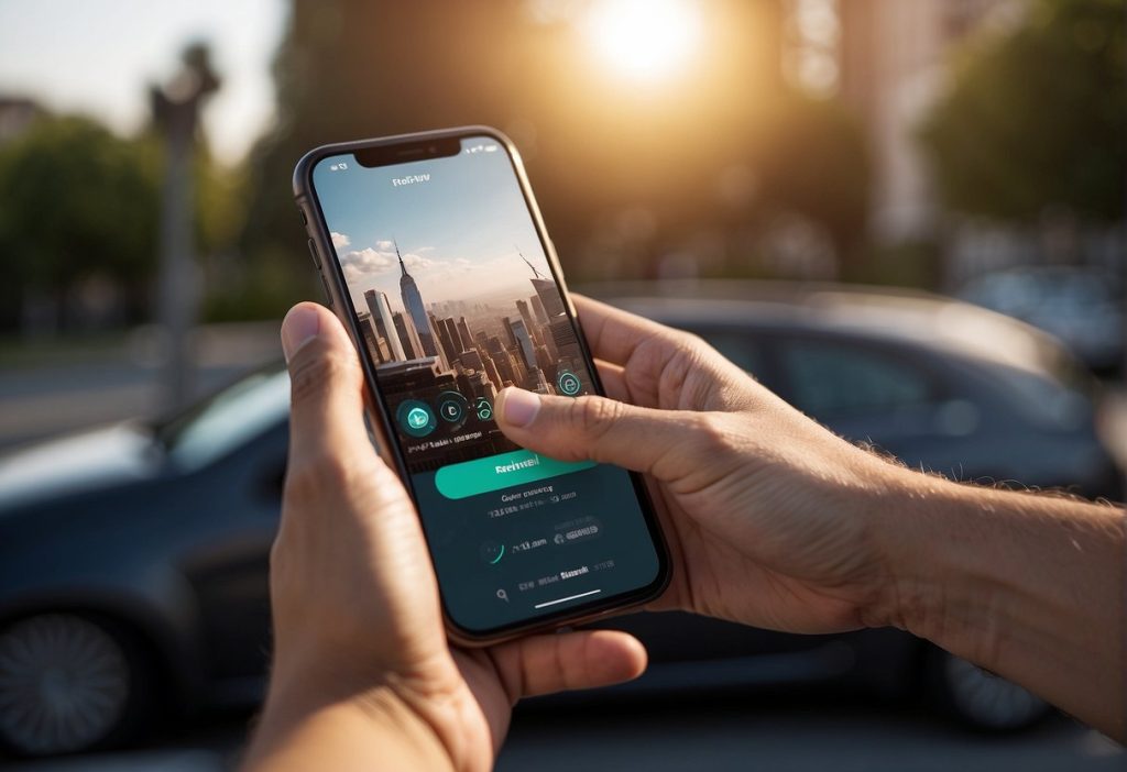 A person holding up a smartphone with a picture of a city on it, providing an Honest Look into the captivating urban landscape through Feetify Review.