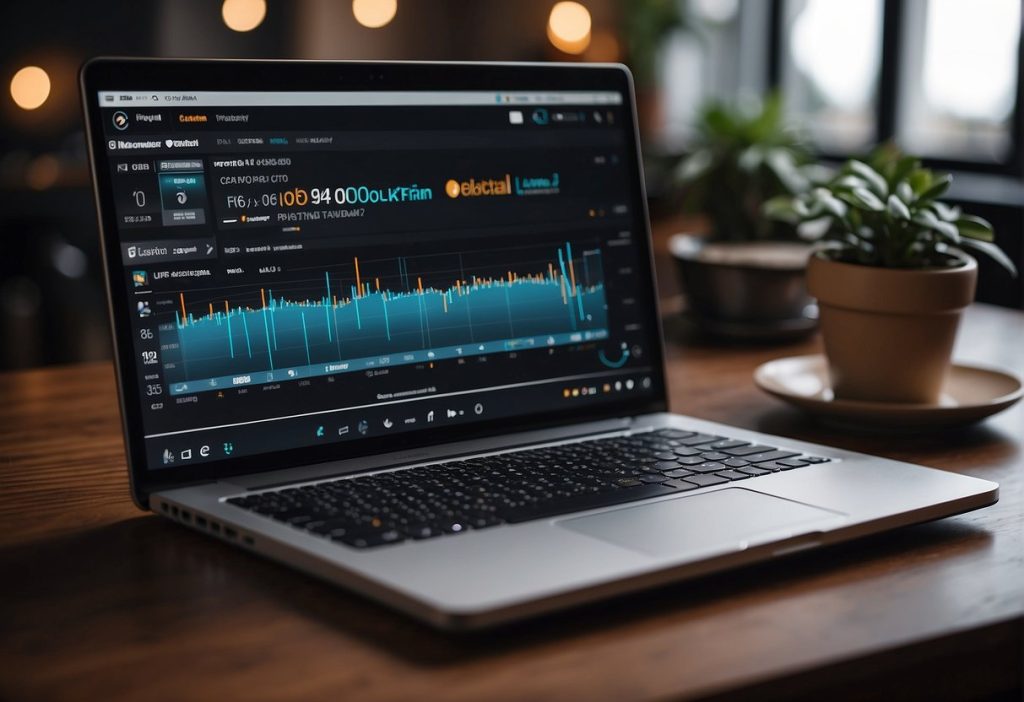 A laptop with a graph on it sitting on a wooden table, used for monetization.