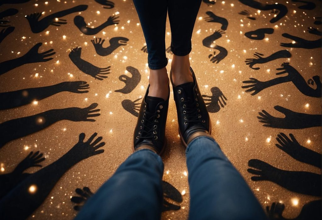 Two people pose in front of a starry floor, sparking online curiosity.